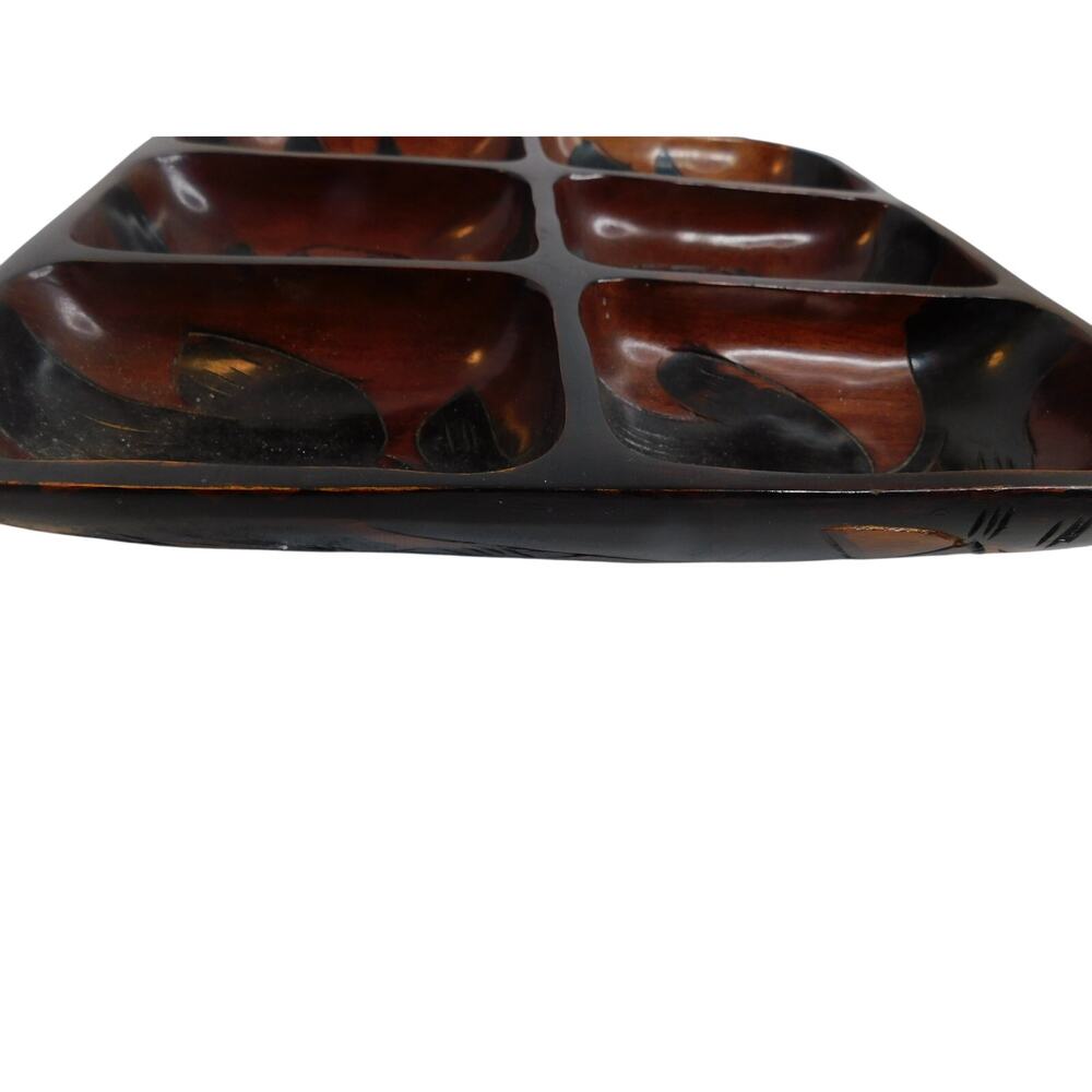Vtg Hand Carved Polynesian Monkey Pod Wooden 6 Section Appetizer Snack Tray - Picture 4 of 7